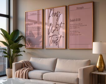 Modern Christian Wall Art Set of 3, Pink Scripture Prints, Christian Girl Decor, Philippians 4:6 Poster, Isaiah 41 Elegant Faith Art