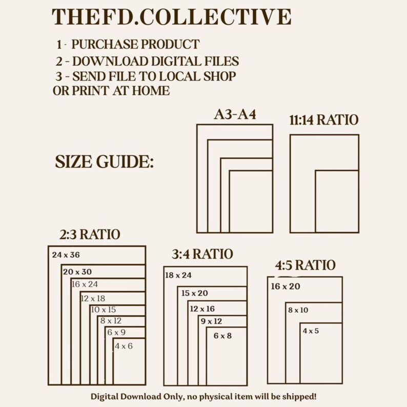 May include: Cream-colored graphic with text from THEFD.COLLECTIVE. The image provides a size guide for digital downloads, including 2:3, 3:4, 4:5, and 11:14 ratios, with dimensions in inches. Instructions are provided for purchasing, downloading, and printing digital files.
