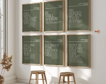 Christian Bundle Wall Art Set of 6, Modern Scripture Prints, Digital Bible Verse Decor, Sage Green Faith Print, Numbers 6, Psalm 46:10 Art