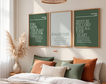 Christian Set of 3 Wall Art, Modern Minimalist Scripture Poster, Sage Green Faith Printable, Jeremiah 29:11, Proverbs 3, Romans 8  Digital