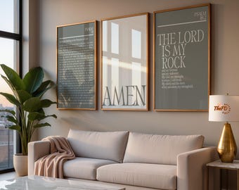 Religious Prints Set of 3, Neutral Scripture Home Decor, Modern Christian Wall Art, Psalm 91 Poster, Amen Print, Bible Verse Wall Art