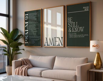 Modern Christian Wall Art Set of 3, Neutral Scripture Home Decor, Psalm 91, Psalm 46:10, Digital Bible Verse Poster, Green Faith Prints