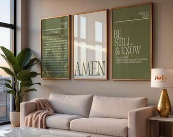 Modern Christian Art Set of 3, Psalm 23 Wall Art, Olive Green Bible Verse Prints, Be Still & Know Poster, Digital Home Decor, Amen Print