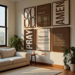 Kristen tavelvägg, set med 6, bruna bibelverstryck, modern religiös konstdekor, Psalm 23 och Filipperbrevet 4, posters med bibelverser