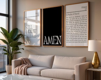 Modern Christian Set Prints, Set of 3 Faith Printable, Bible Verse Wall Decor, Neutral Scripture Poster, Amen, Psalm 23, 46:10 Art