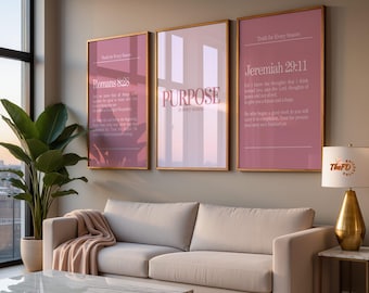 Faith Wall Art Set of 3, Modern Pink Christian Print, Jeremiah 29:11 Neutral Bible Verse Wall Decor, Romans 8  Scripture Digital Printable