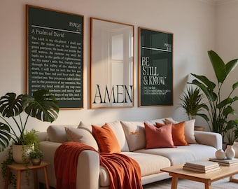 Modern Christian Wall Art Set of 3,Psalm 23 Green Digital Bible Verse Prints, Minimalist Home Decor, Printable Neutral Art, Amen Print