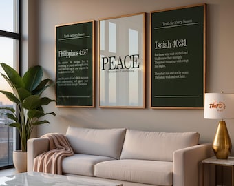 Set of 3 Christian Wall Art Print, Modern Scripture Art, Green Digital Bible Verse Poster, Philippians 4 Isaiah 40:31, Christian Girl Decor