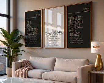 Neutral Christian Wall Art Set of 3, Modern Minimalist Scripture Home Decor, Olive Faith Digital Printable, Jeremiah 29:11, Romans 8 Digital
