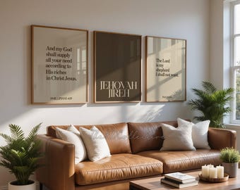 Brown Neutral Christian Art Set of 3, Modern Bible Verse Printable Bundle, Jehovah Jireh Minimalist Scripture Poster Home Decor