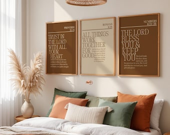 Modern Christian Prints Set of 3, Romans 8, Numbers 6 Digital Bible Verse Bundle, Minimalist Scripture Home Decor, Neutral Faith Wall Art