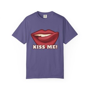 Kiss Me T-Shirt, Funny Sexy Lips Graphic Tee, Flirty Valentine&#39;s Day Shirt, Bold Cartoon Mouth Design, Purple Unisex Shirt Gift for Couples