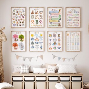Paquete de pósteres educativos de acuarela / 11 pósteres imprimibles para niños / Aprender las estaciones, la hora, el alfabeto, los colores y más / Decoración de la sala de juegos