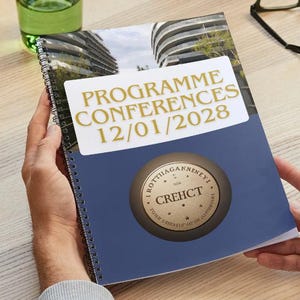 Peut inclure: Un cahier à spirales avec une couverture bleue, avec le texte "PROGRAMME CONFERENCES 12/01/2028" en or. Un emblème circulaire avec du texte est sur la couverture. Le cahier est tenu par une personne.