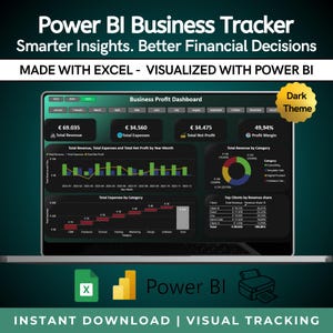 May include: A laptop screen displaying a dark-themed Power BI business tracker dashboard. The dashboard shows financial data, including revenue, expenses, and profit margin. The image also includes the text "Instant Download | Visual Tracking."