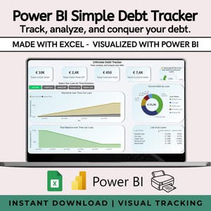Puede incluir: Una pantalla de portátil que muestra un rastreador de deudas de Power BI. El panel muestra la deuda total, la deuda pagada, los intereses pagados y la deuda actual. Gráficos visualizan los pagos y saldos de los préstamos. El texto incluye "Rastrea, analiza y conquista tu deuda."