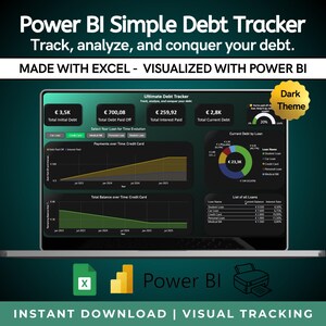 Puede incluir: Una pantalla de portátil que muestra un panel de control de seguimiento de deuda de Power BI. El panel muestra el análisis de la deuda con gráficos y datos financieros, incluyendo la deuda total, los intereses pagados y la deuda actual. El texto dice "Power BI Simple Debt Tracker".