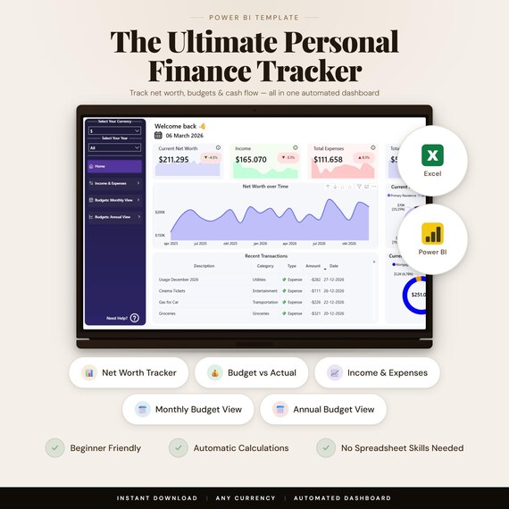 Power BI Personal Finance Tracker | Net Worth, Income Expense Dashboard | Budget Tracker & Spending Planner