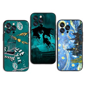 May include: Three phone cases with distinct designs. One case features a cage, golden snitch, and a green and white scarf. Another has a dark silhouette against a teal background. The third case displays a starry night scene with a building.