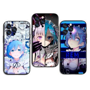 May include: Three phone cases featuring anime characters. The cases display images of a female character with blue hair and eyes. One case has a manga-style background, another has a split-face design, and the third has the word "REM".