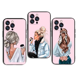 May include: Three pink phone cases with illustrations of women. One case features a woman with blonde hair holding a coffee cup. Another shows a woman with her back turned, holding a coffee cup. The third case depicts a woman with a scarf.