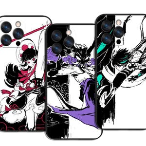 May include: Three phone cases with anime-style illustrations. The cases feature black and white artwork with accents of red, purple, and teal. Each case has a black border and a camera cutout.
