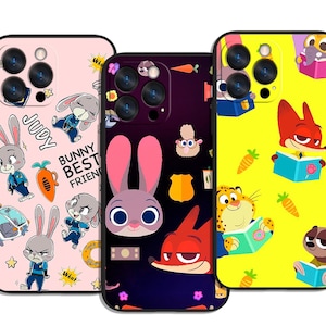 May include: Three phone cases featuring characters from the animated movie Zootopia. The cases have different color schemes: pink, purple, and yellow. Each case has a different design, including Judy Hopps, Nick Wilde, and other characters.