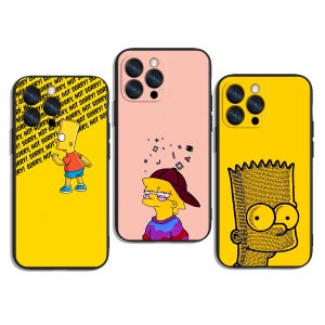 May include: Three phone cases featuring cartoon characters. One yellow case has Bart Simpson with the text "SORRY, NOT SORRY!". A pink case has Lisa Simpson with a hat. A yellow case has Bart Simpson's face.