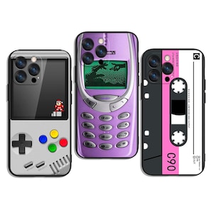 May include: Three phone cases with unique designs. One case resembles a retro handheld game console with a pixelated character on the screen. Another mimics a classic purple cell phone. The third case features a cassette tape design with the text "C90".