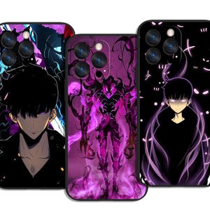 May include: Three phone cases with anime-style illustrations. The cases feature a black background with a character in a black outfit and purple accents. The other cases have a purple and black design.