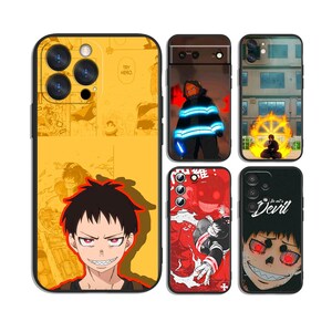 May include: Five phone cases featuring anime-inspired graphics. One large yellow case shows a character with spiky hair and sharp teeth. Other cases display characters in dark uniforms, glowing fire effects, and the text "I'm not a Devil" in white script.