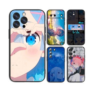 May include: Five smartphone cases featuring anime-style character illustrations. Designs include a blue-haired character making a frame with hands, a character in a field, a collage with the text Rem, a starry night scene, and a pink-haired character.