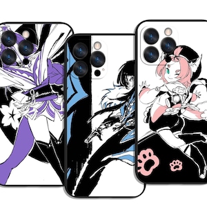 May include: Three phone cases with anime-style illustrations. The cases feature black borders and white backgrounds. One case has a purple and white character design, another has a blue and black design, and the third has a pink and black design with paw prints.