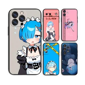 May include: Five smartphone cases featuring anime-style character illustrations. One large case shows a blue-haired character in a maid outfit. Smaller cases display characters in pink and blue themes, including text like "REM" and "DANGER" on yellow tape.