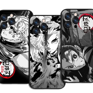May include: Three black phone cases with anime-style character illustrations in black and white. Each case features a different character design, with a red and white emblem. The cases are designed for a smartphone.