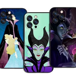 May include: Three phone cases featuring illustrations of Maleficent from Disney's Sleeping Beauty. The cases showcase the character in various poses, with a color palette of black, purple, and green. One case has a blue background, another a light green, and the third a dark background.