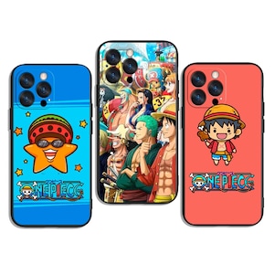 May include: Three phone cases with colorful designs. One is blue with a star character wearing sunglasses and the text "ONE PIECE". Another case features a collage of characters. The third case is red with a cartoon character and the "ONE PIECE" logo.