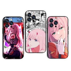 May include: Three phone cases with anime-style illustrations. The cases depict a character with pink hair and horns in different poses and settings. One case has a black and white manga-style background.