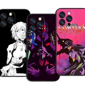 May include: Three phone cases with anime-style graphics. One case is black with a white and gray character illustration. Another is purple with a dark illustration. The third case is pink with the word "EVANGELION" in red and white.