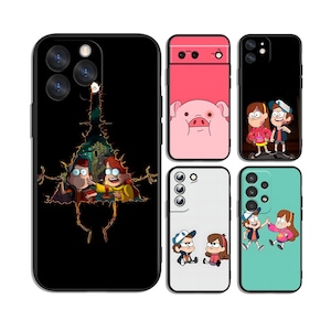 May include: A collection of five smartphone cases featuring Gravity Falls characters. One case is black with a large triangular portal design, one is pink with a pig face, one is black with two children, one is white with two children, and one is teal.