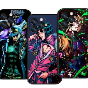 May include: Three black phone cases with colorful anime character designs. The cases feature various characters in vibrant colors, including blue, purple, pink, and green. Each case has a black border and a camera cutout.