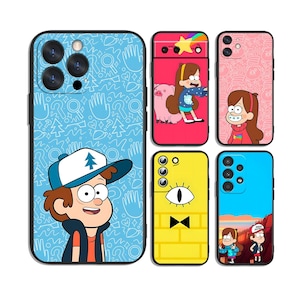 May include: A collection of five smartphone cases featuring Gravity Falls characters. Designs include Dipper Pines on a blue patterned background, Mabel Pines with Waddles, Mabel with a pink background, Bill Cipher on yellow, and a landscape scene.