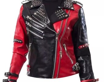 May include: A two-tone black and red leather jacket with silver metal zippers and studded accents. The jacket features a classic asymmetrical design with a notched collar and multiple zippered pockets. The sleeves have buckle details.