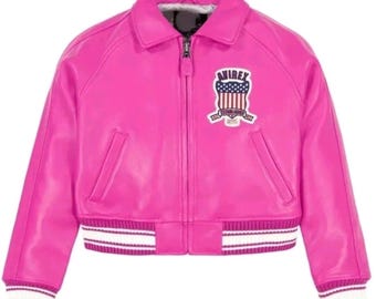 Women American Pink Avirex Jacket Style Cropped Flight Bomber Leather Jacket