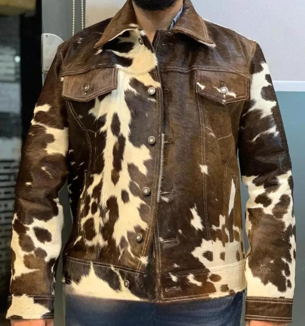 Men's Genuine Cowhide Leather Jacket Real Skin Hair on Fur Western