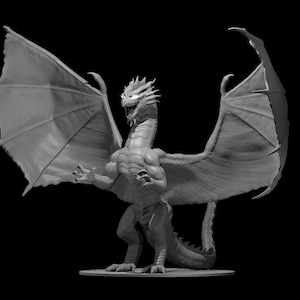 May include: A monochrome sculpture of a dragon with large, spread wings. The dragon is posed with its arms extended, and its mouth is open. The sculpture has detailed scales and a muscular physique, set against a black backdrop.