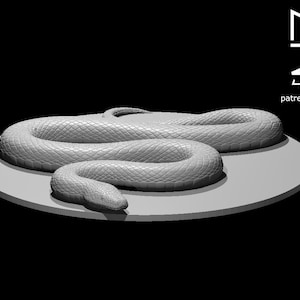 May include: A 3D-rendered sculpture of a snake, coiled on a circular platform. The snake is grey, with detailed scales, and the platform is set against a black background. The image includes the text "MZ 4250" and a website address.