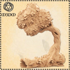 May include: A light brown miniature tree with a curved trunk and a full canopy of leaves. The base has textured details, possibly representing roots or ground cover. The tree is likely for tabletop gaming or model scenery.