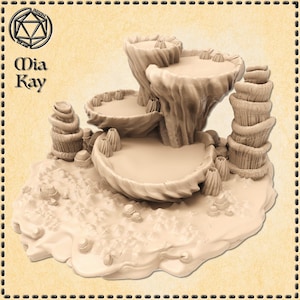 May include: A beige miniature terrain piece for tabletop gaming. It features layered platforms, volcanic formations, and a textured base. The text "Mia Kay" is visible in the upper left corner. The piece is designed for fantasy role-playing games.