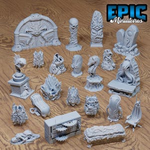 May include: A collection of grey resin miniature terrain pieces and props featuring alien, biomechanical, and gothic designs. The set includes various sculptures, a gear-driven mechanism, a throne, and a sarcophagus, all with intricate textures.